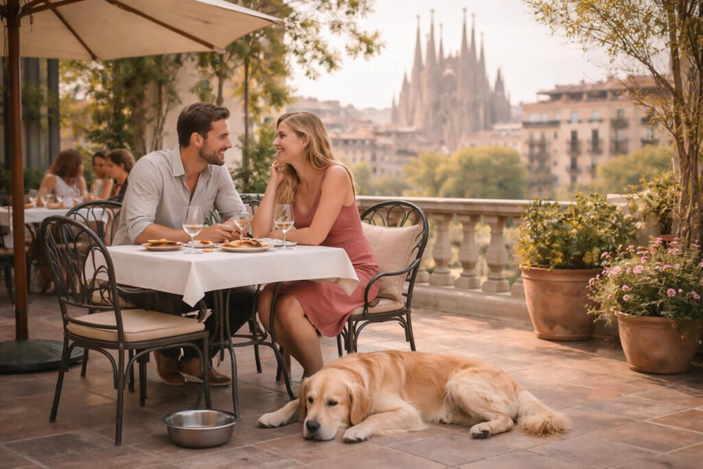 Couple dining on a terrace in Barcelona with their dog resting beside the table and Sagrada Família in the background.