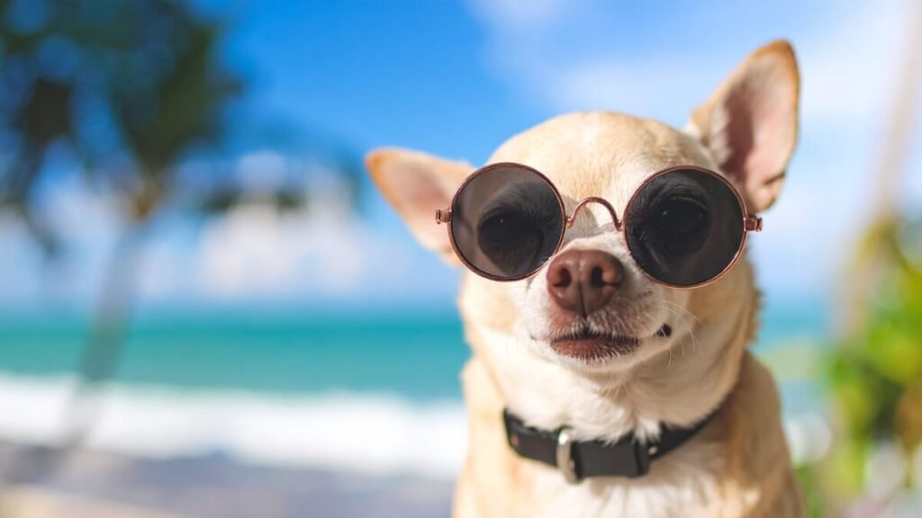 Smiling dog wearing sunglasses on a sandy beach with a Spanish flag in the background