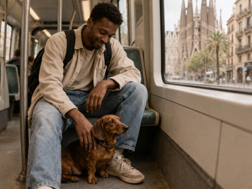 Young man riding a tram in Barcelona with a dachshund sitting calmly by his feet.