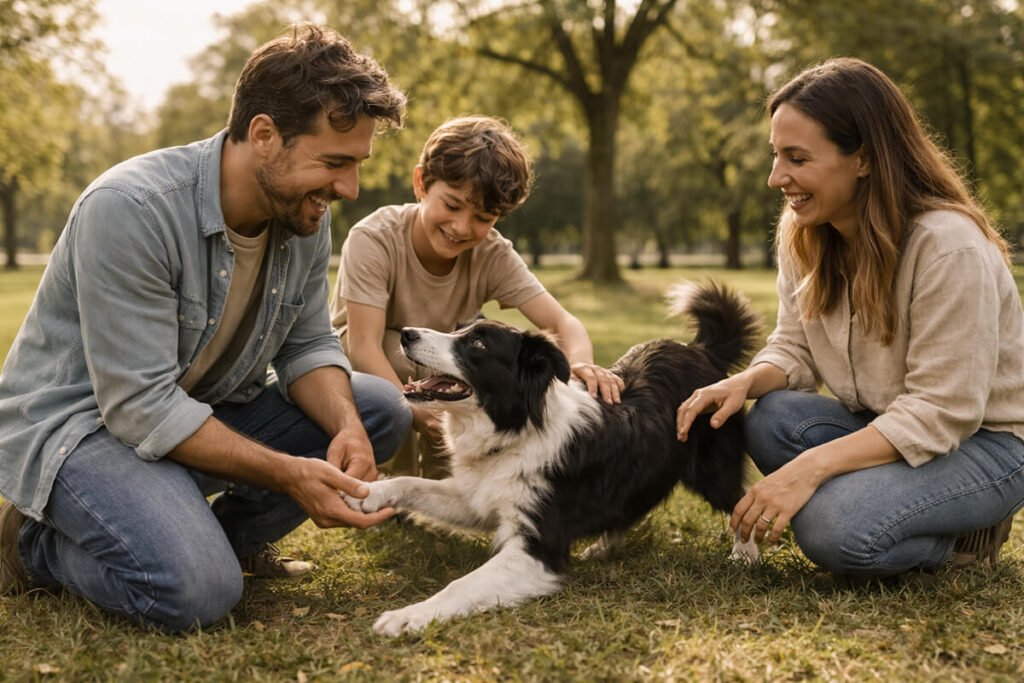 amily playing with their border collie in a green park in Barcelona.