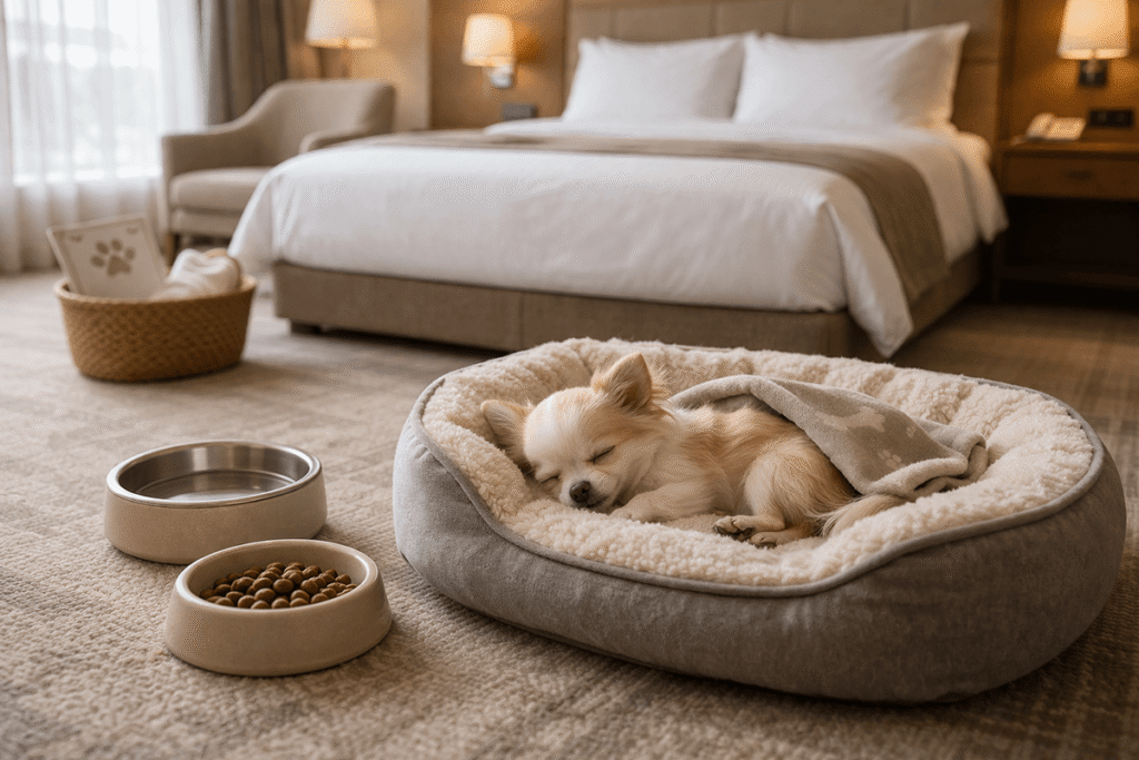 Small dog sleeping in a cozy bed inside a pet-friendly hotel room in Barcelona, with food and water bowls nearby.