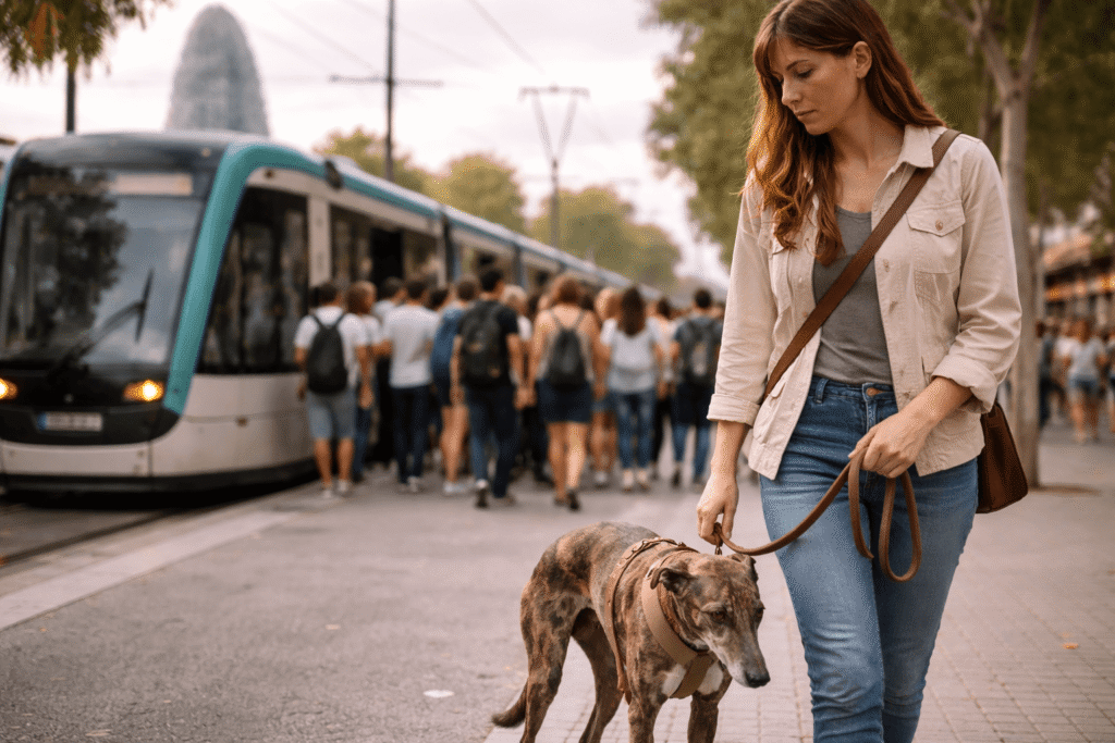 Dog near a Barcelona tram during a busy public transport moment