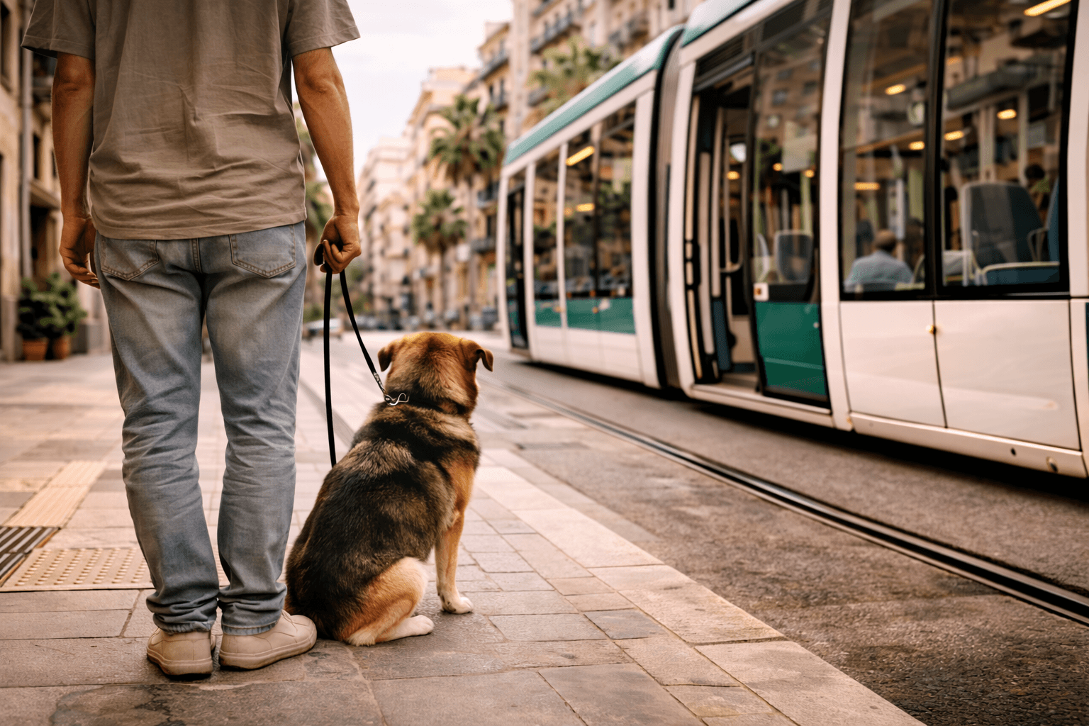 Dog and owner waiting at a Barcelona tram stop, facing the tram before boarding public transport metro trains