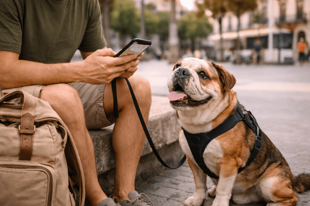 Traveler planning dogs on public transport in Barcelona with a dog beside him