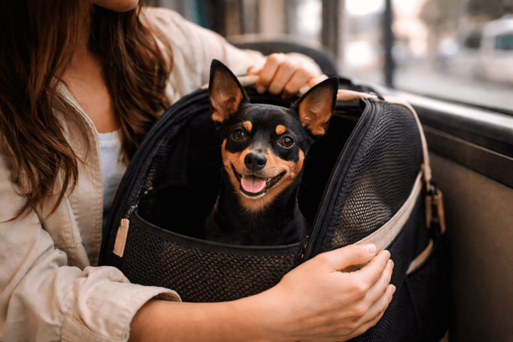 Small dog in a carrier on public transport in Barcelona