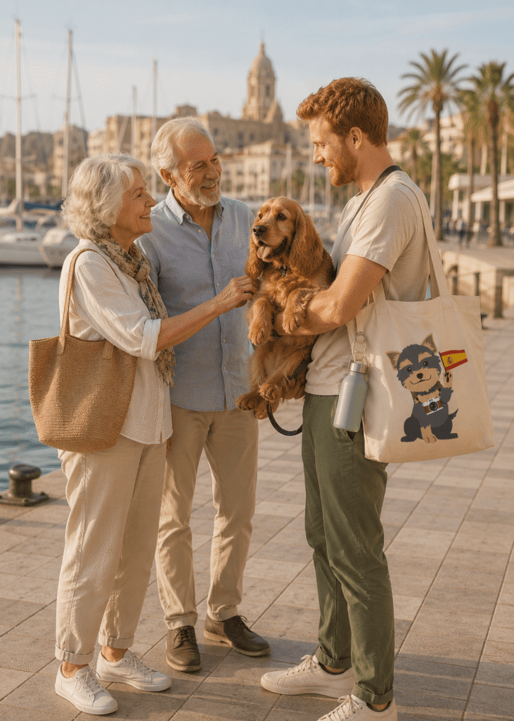 Wander Woofs dog sitter receiving a Cocker Spaniel from travelers by a harbor in Spain.