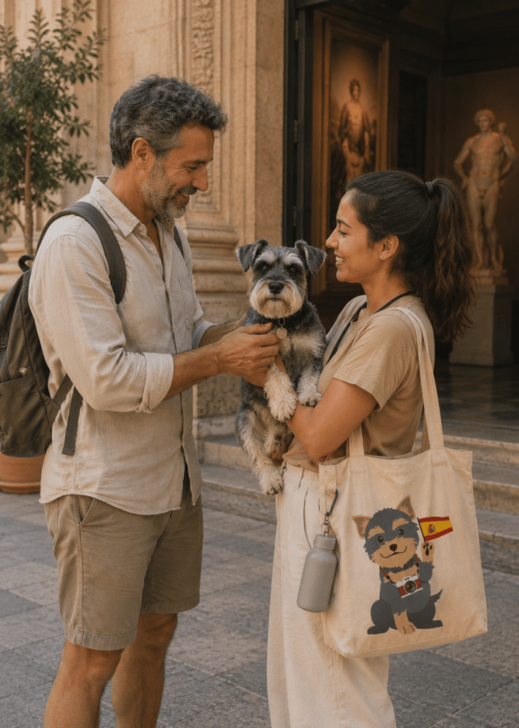 Wander Woofs sitter meeting a traveler and dog at a museum entrance for tourist dog sitting in Spain.
