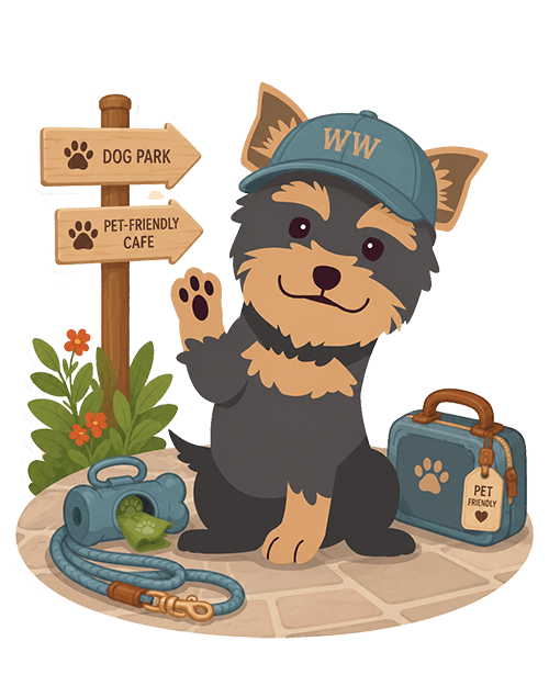 Wander Woofs dog mascot representing tourist dog sitting and pet-friendly travel in Spain.