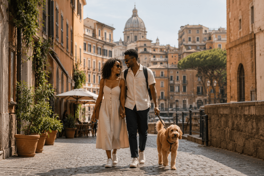 Couple walking their dog through Rome, representing pet-friendly city travel in Europe.