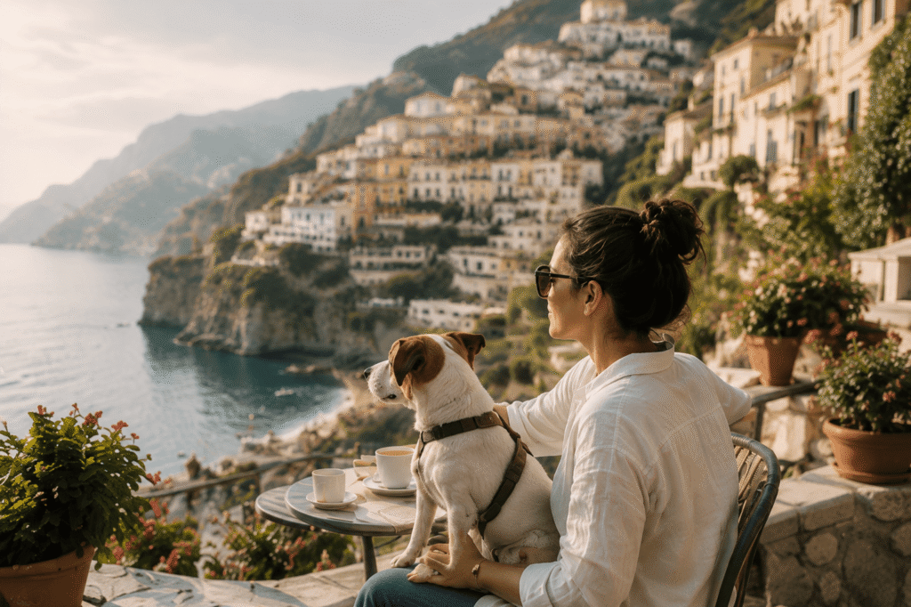 Traveler sitting with a dog at a scenic Mediterranean café, showing dog-friendly travel in Europe.