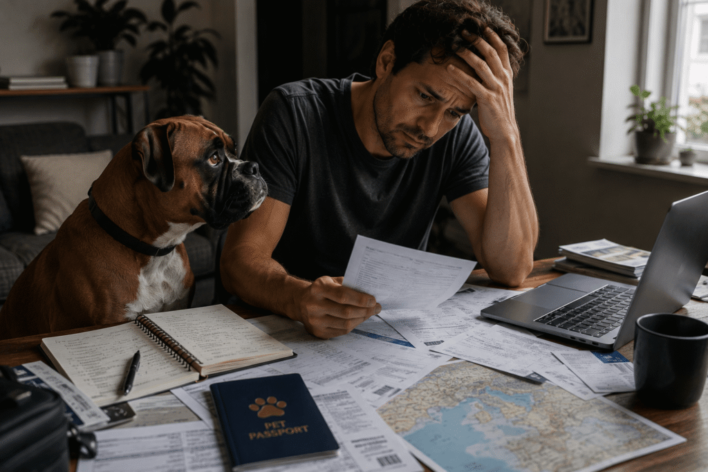 Traveler reviewing dog travel documents with his dog beside him, illustrating EU pet travel planning.