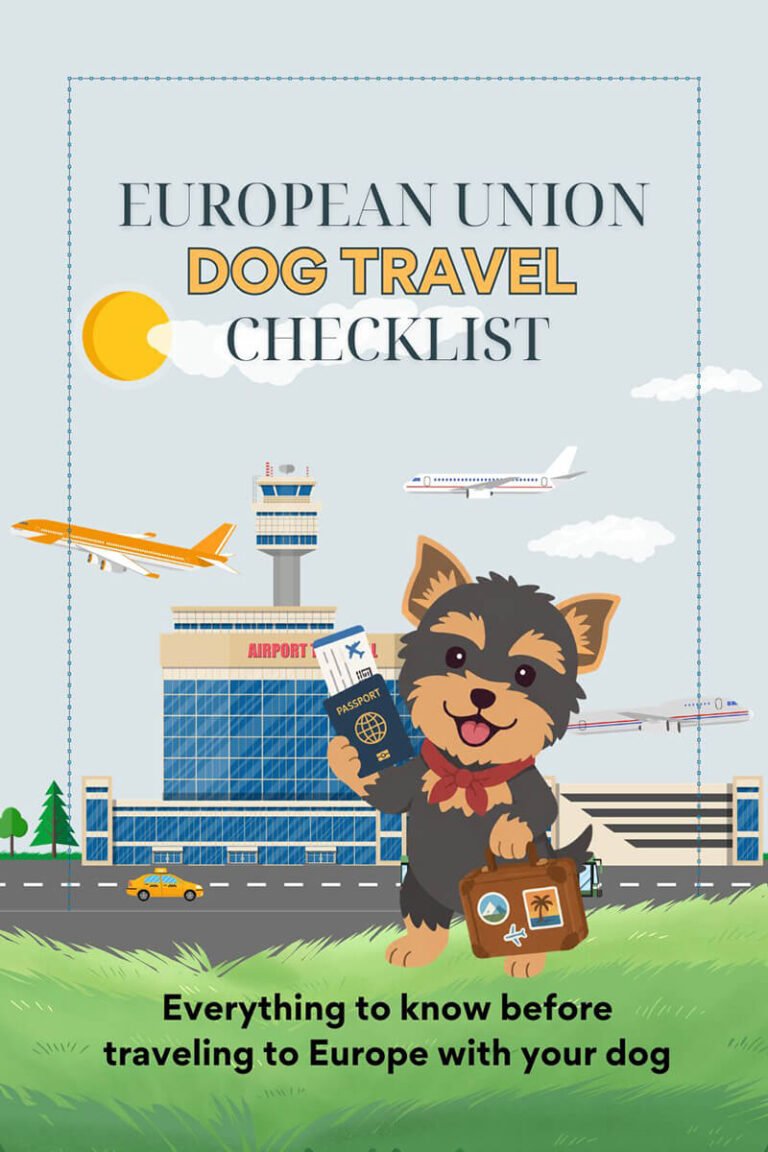 Pinterest checklist for traveling with dogs in Europe, including EU pet travel documents, vaccines, transport rules and pet-friendly planning tips.