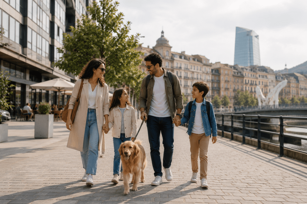 Family walking with their dog in a European city, illustrating dog-friendly travel in Europe with children and pets.