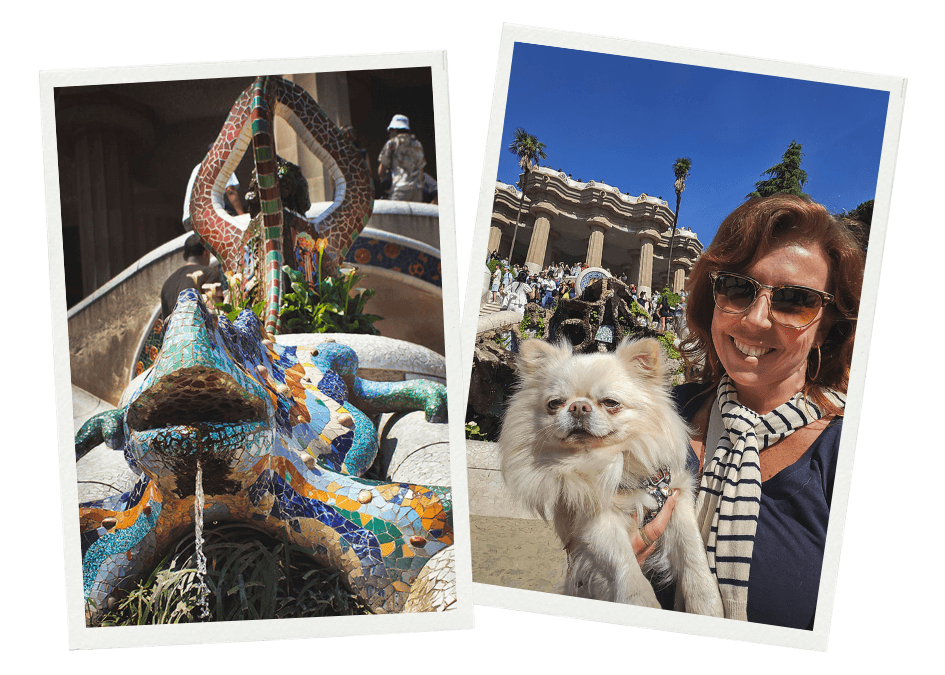Woman holding a small dog near the famous mosaic dragon at Park Güell in Barcelona during a pet-friendly visit