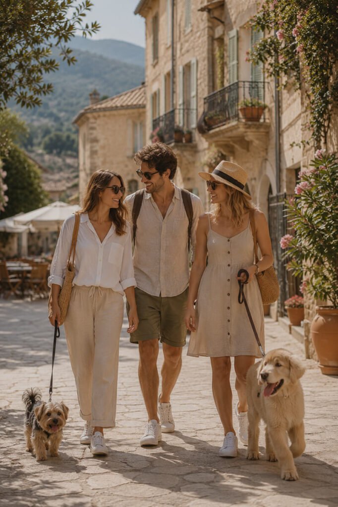 Travelers walking with dogs through a Mediterranean village, representing pet-friendly travel planning in Europe.