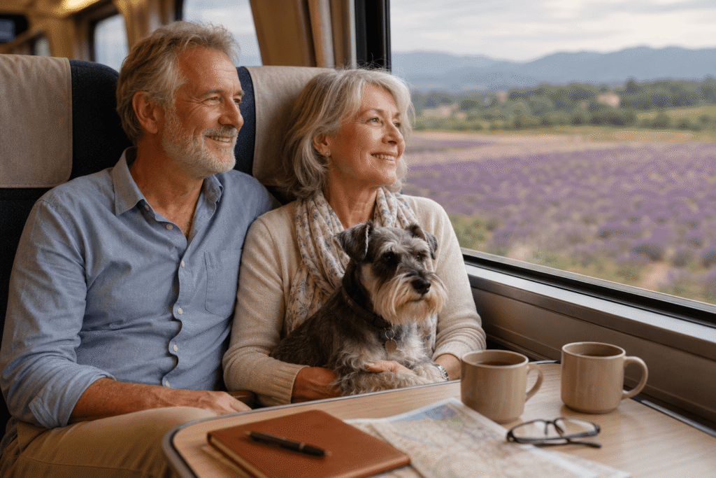 Older couple traveling by train with their dog in Europe, illustrating pet-friendly train travel with dogs