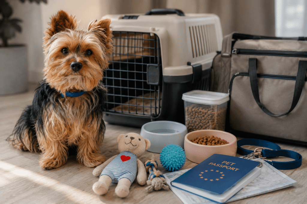 Yorkshire terrier beside a pet carrier, dog travel essentials and documents for traveling with dogs in Europe.