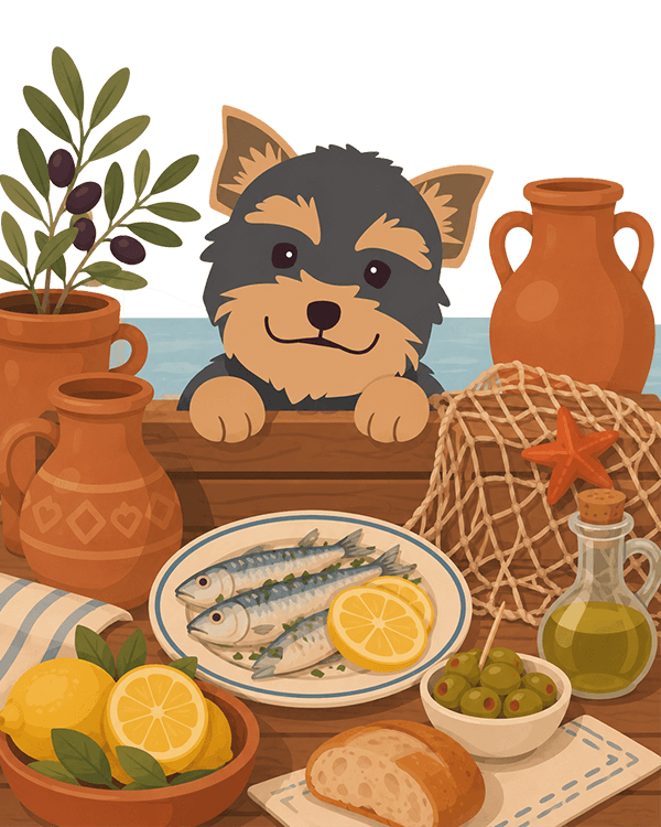 Wander Woofs Yorkie mascot surrounded by Mediterranean travel elements, representing pet-friendly travel services in Europe.
