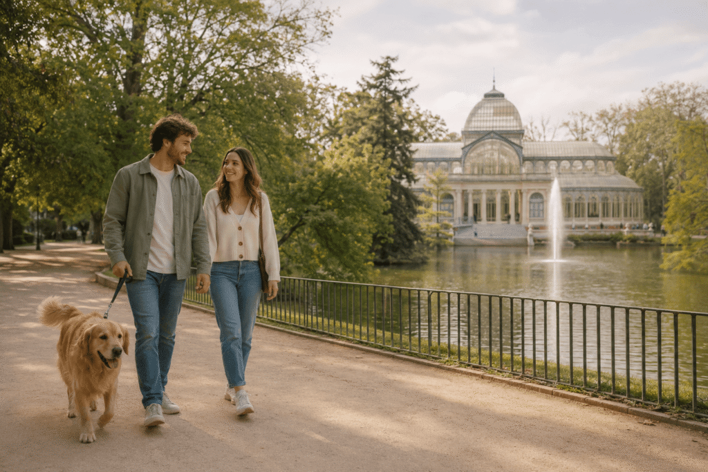 Couple walking a Golden Retriever in Madrid's Retiro Park near the Crystal Palace