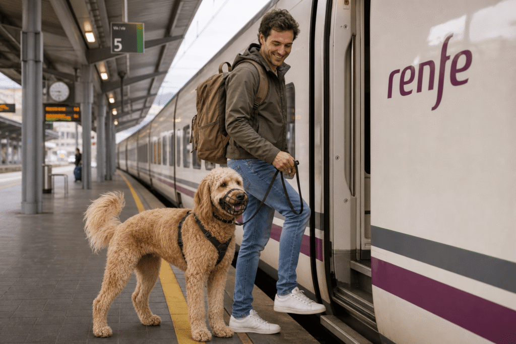Traveler boarding a Renfe train in Spain with a large dog wearing a muzzle