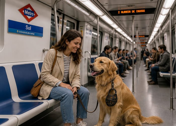 Woman traveling on Madrid Metro with a large dog on a leash