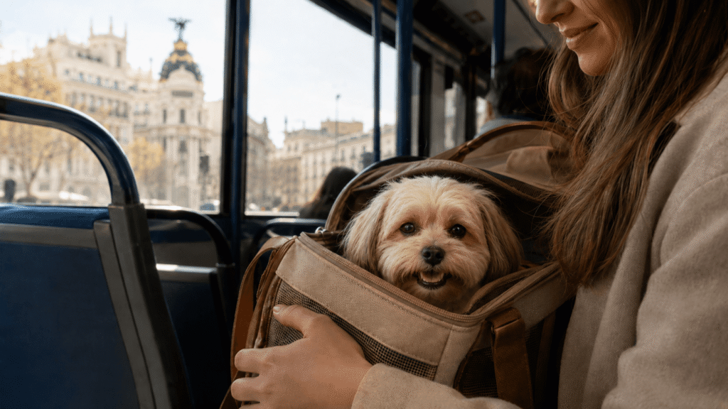 Small dog traveling in a pet carrier on a public bus in Madrid, Spain