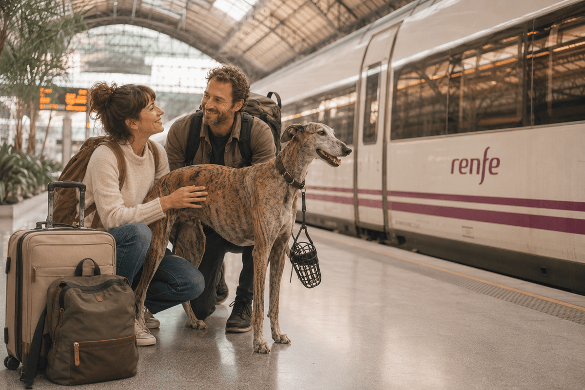 Dog on Renfe Couple with luggage and a large galgo waiting beside a Renfe train in Spain