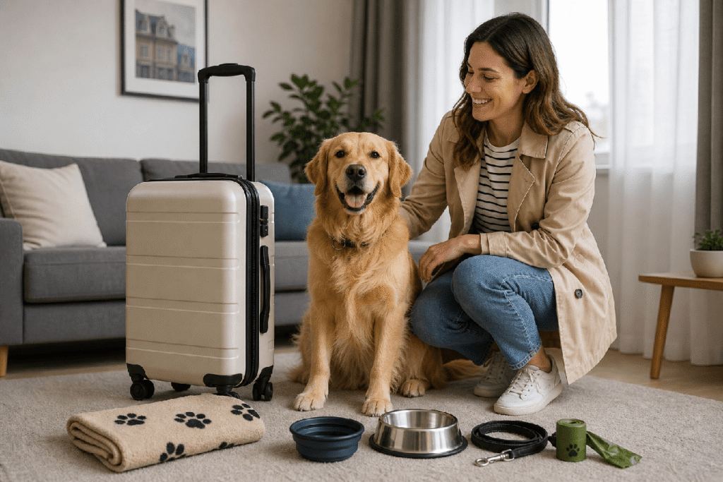 Traveler preparing for a train trip with a Golden Retriever, suitcase, blanket, bowls, leash and dog waste bags.