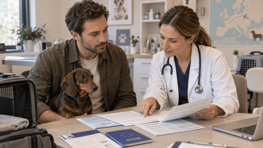 eu-animal-health-certificate-vet-dog-travel.webp Veterinarian explaining EU animal health certificate paperwork to a dog owner before international travel.