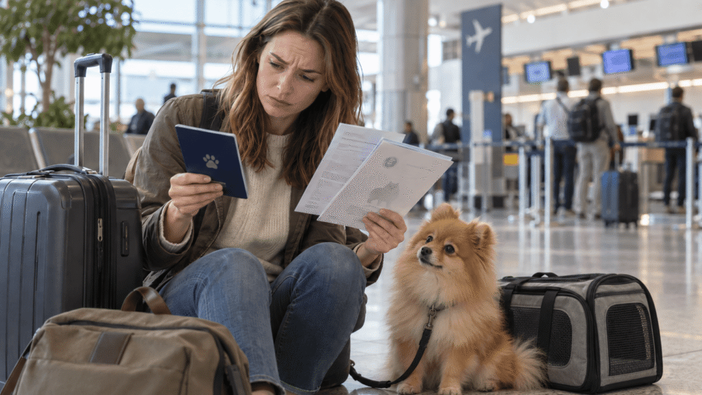 Traveler checking an EU pet passport and pet travel documents at the airport with a small dog.