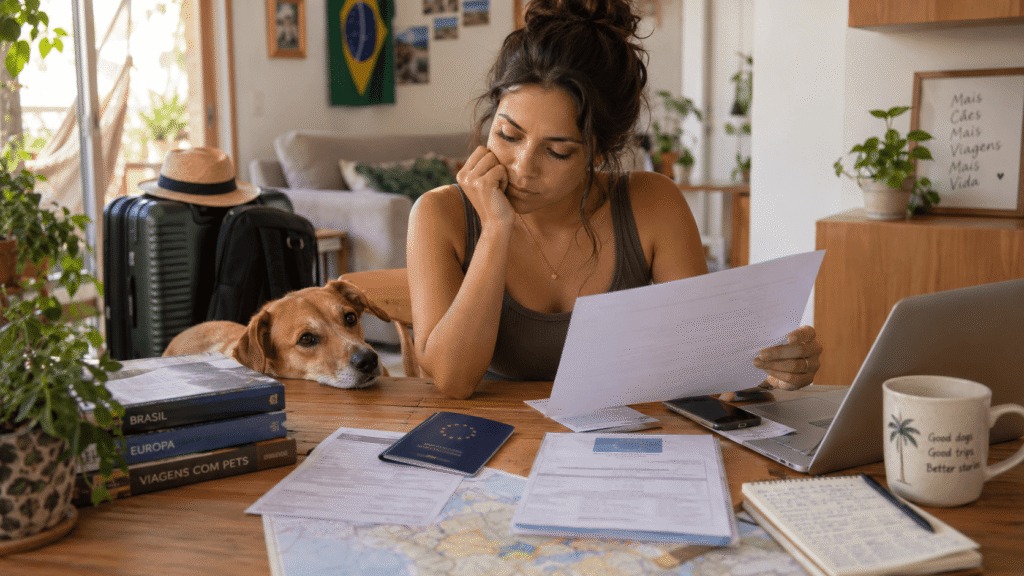 Pet owner checking EU pet passport paperwork at home with her dog before traveling to Europe.