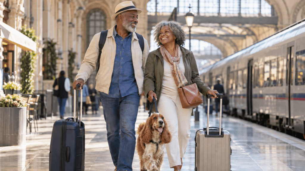 Couple traveling through Europe by train with their dog after preparing their EU pet passport documents.