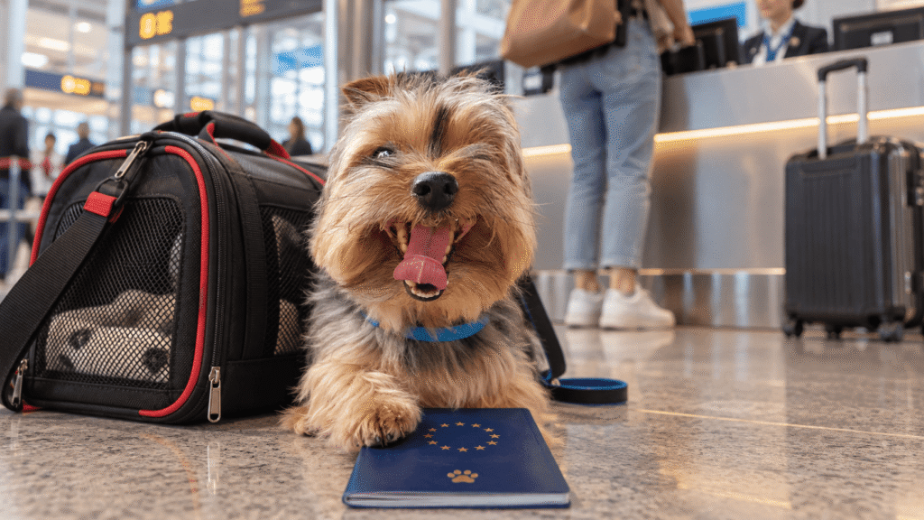 Chilli-yorkshire-terrier-airport.webp Yorkshire Terrier beside an EU pet passport and travel carrier at a European airport.