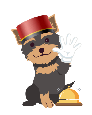 Wander Woofs Yorkie mascot dressed as a hotel concierge for White Paws pet-friendly travel services in Europe.